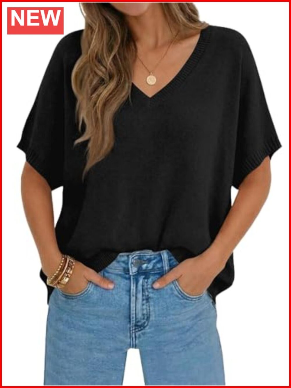 Oversized Batwing Short Sleeve V Neck Lightweight Summer Knit Pullover Top